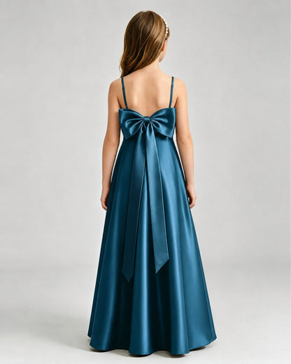 Teal Junior Bridesmaid Dress Spaghetti Strap Satin Bow A-Line Floor-Length Gown Back Full View
