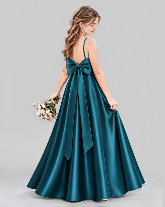 Teal Satin A-line Girls Formal Dress Back View