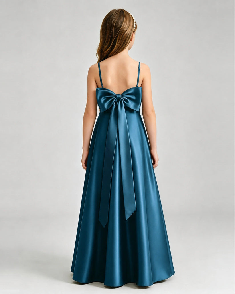 Teal Satin A-line Girls Formal Dress Back View