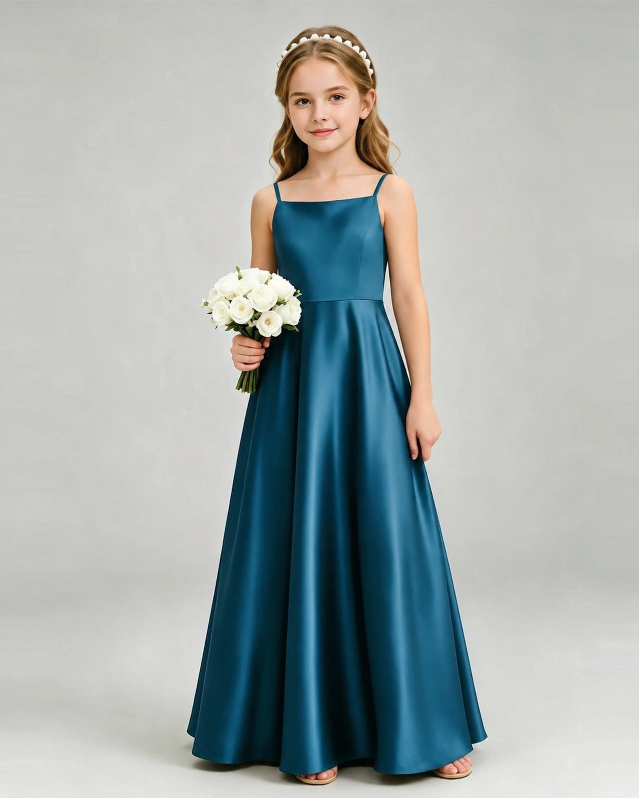 Teal Junior Bridesmaid Dress Spaghetti Strap Satin Bow A-Line Floor-Length Gown Front Full View