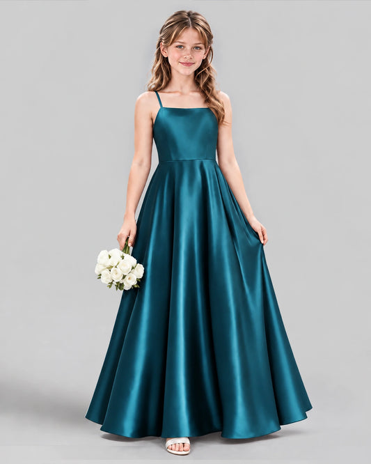 Teal Satin A-line Girls Formal Dress Front View