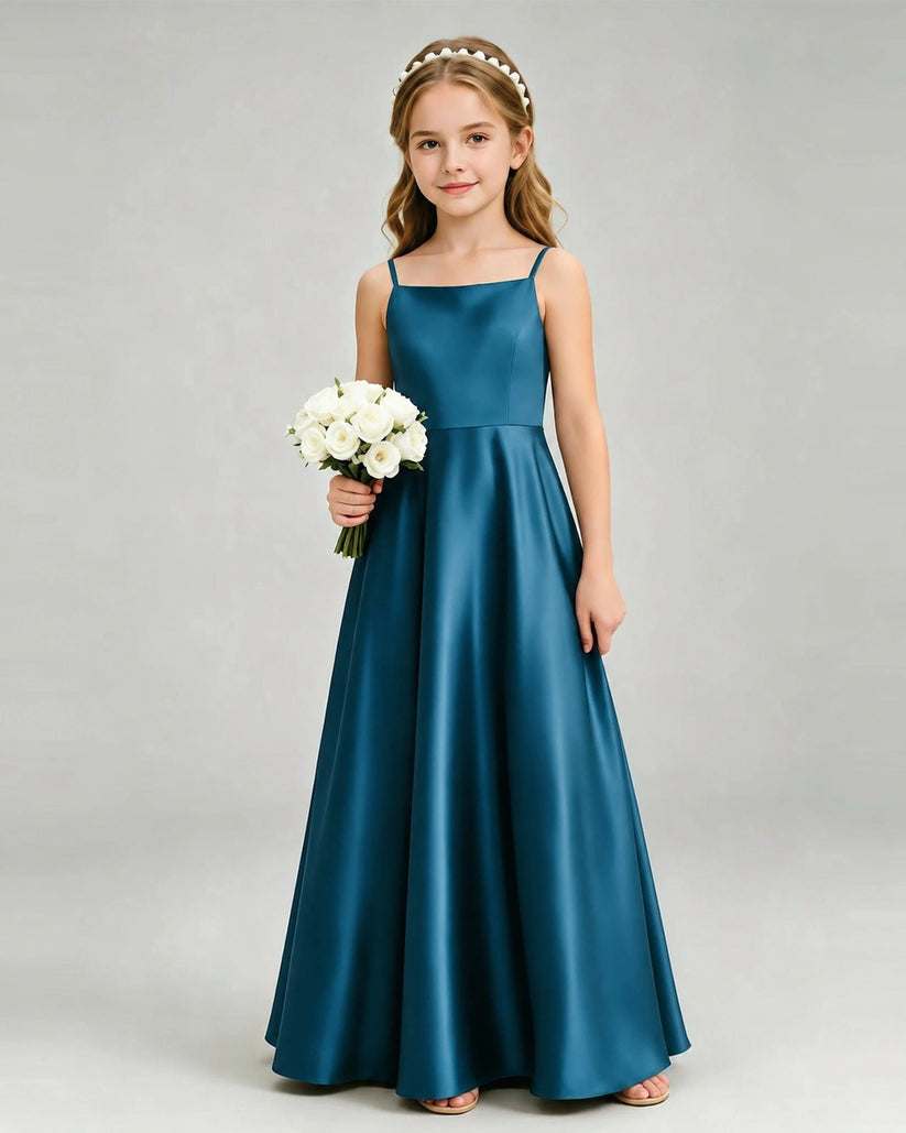 Teal Satin A-line Girls Formal Dress Front View