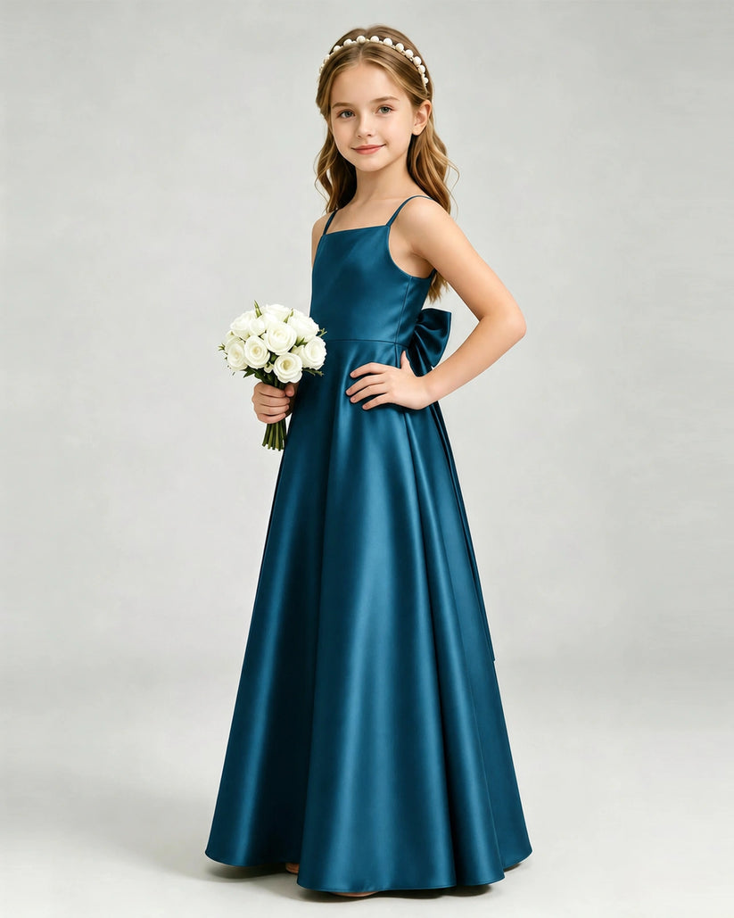 Teal Satin A-line Girls Formal Dress Side View