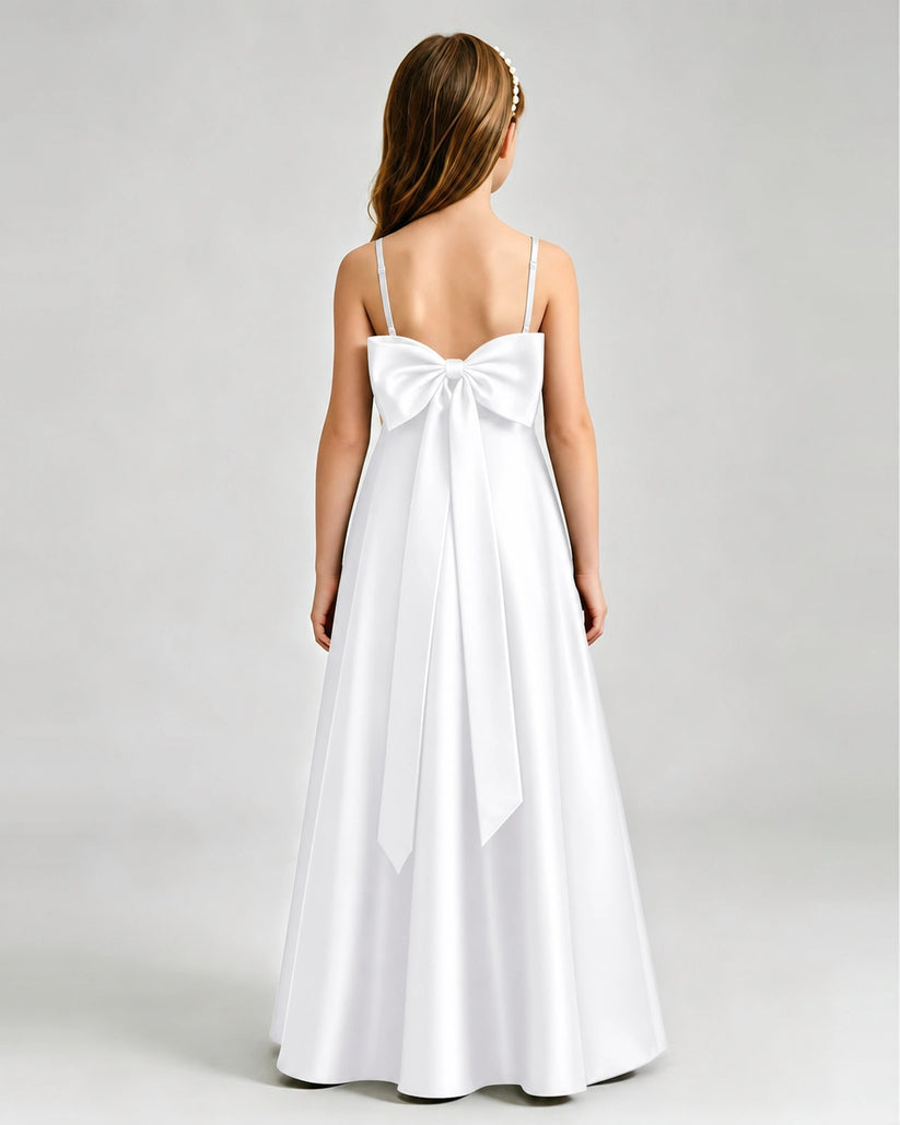 White Satin A-line Girls Formal Dress Back View
