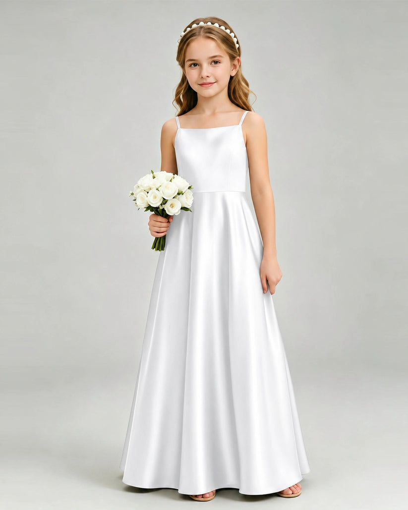 White Satin A-line Girls Formal Dress Front View