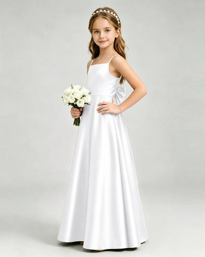White Junior Bridesmaid Dress Spaghetti Strap Satin Bow A-Line Floor-Length Gown Side Full View