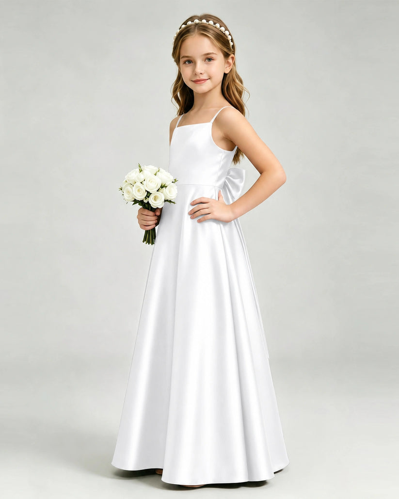 White Satin A-line Girls Formal Dress Side View