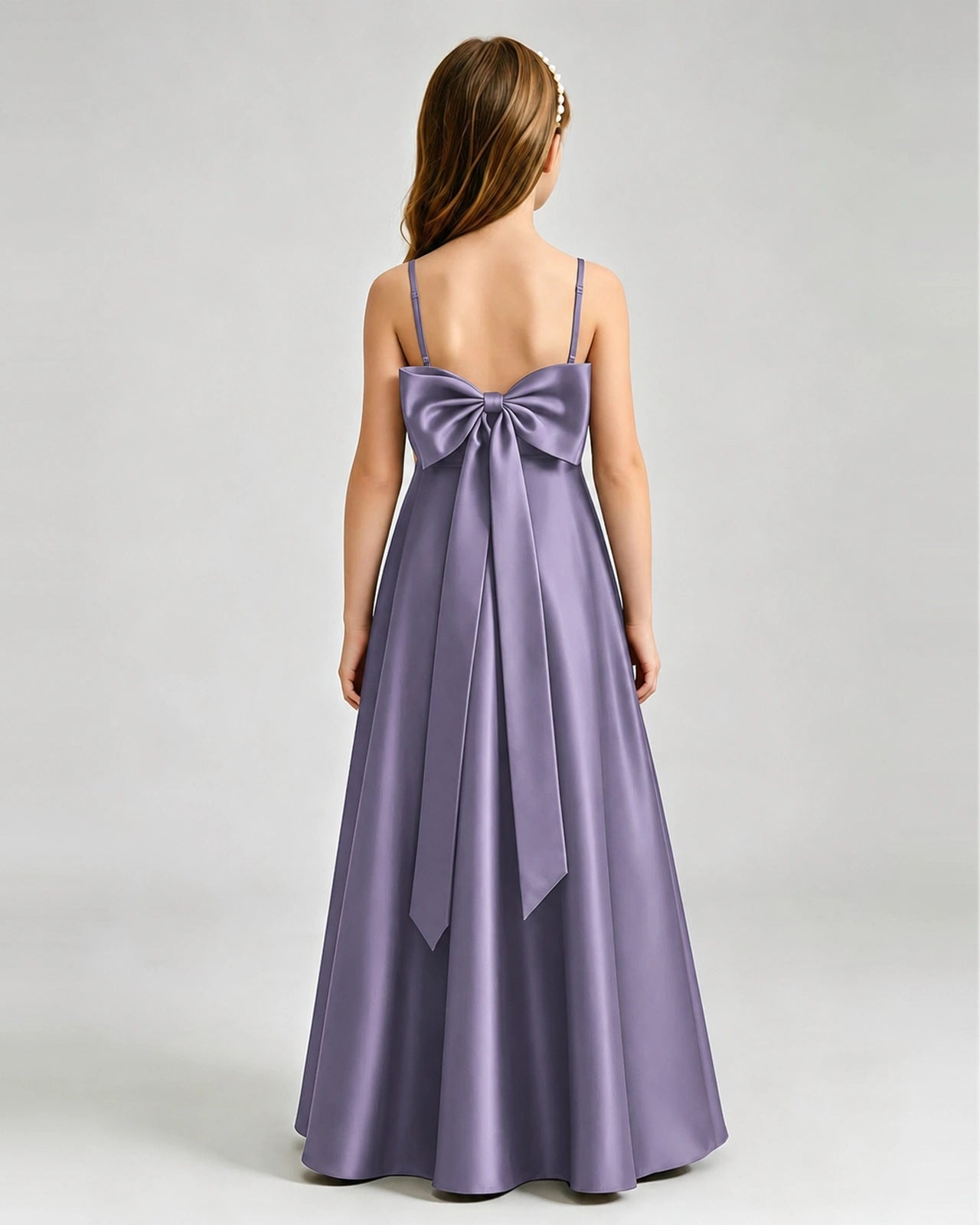 Wisteria Junior Bridesmaid Dress Spaghetti Strap Satin Bow A-Line Floor-Length Gown Back Full View