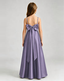 Wisteria Junior Bridesmaid Dress Spaghetti Strap Satin Bow A-Line Floor-Length Gown Back Full View