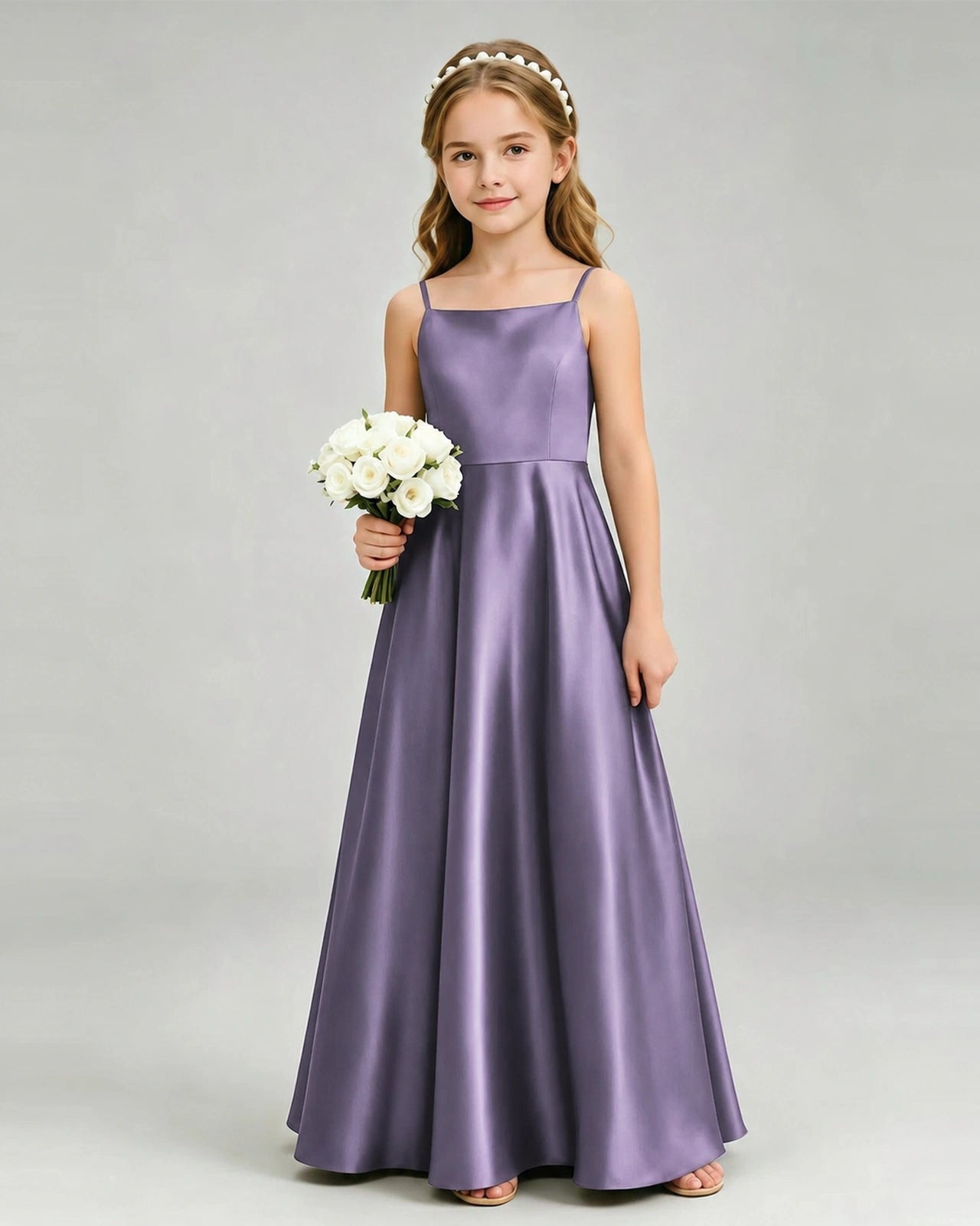 Wisteria Junior Bridesmaid Dress Spaghetti Strap Satin Bow A-Line Floor-Length Gown Front Full View