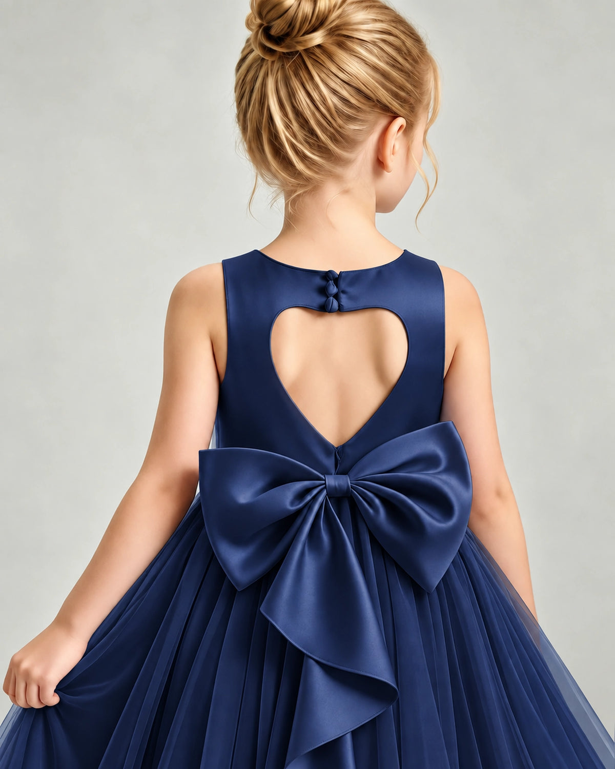 Navy Blue Tulle Flower Girl Dress Back Detail View