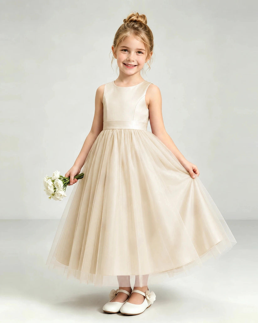Champagne Tulle Flower Girl Dress Front View