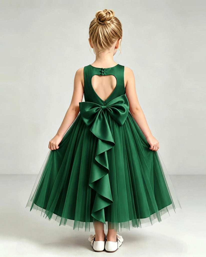 Dark Green Tulle Flower Girl Dress Back View