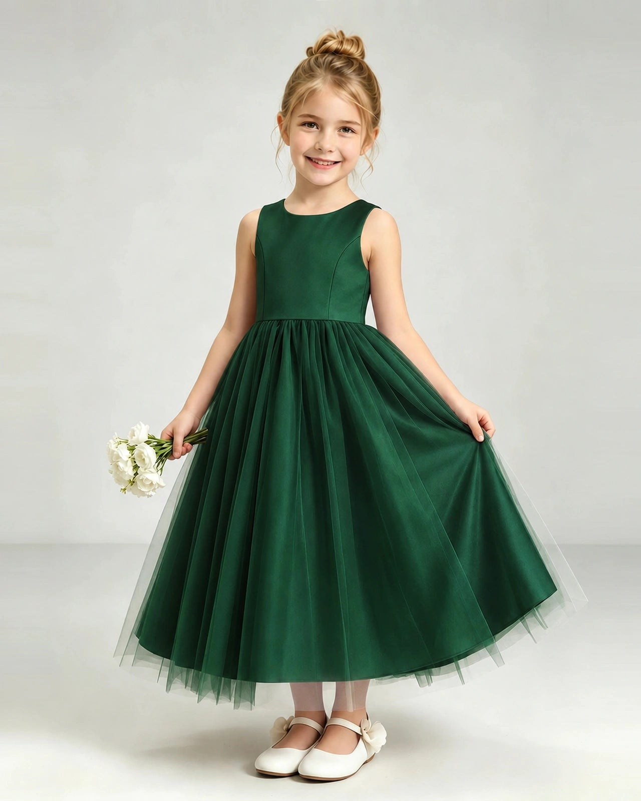 Dark Green Tulle Flower Girl Dress Front View