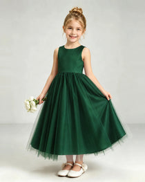 Dark Green Tulle Flower Girl Dress Front View