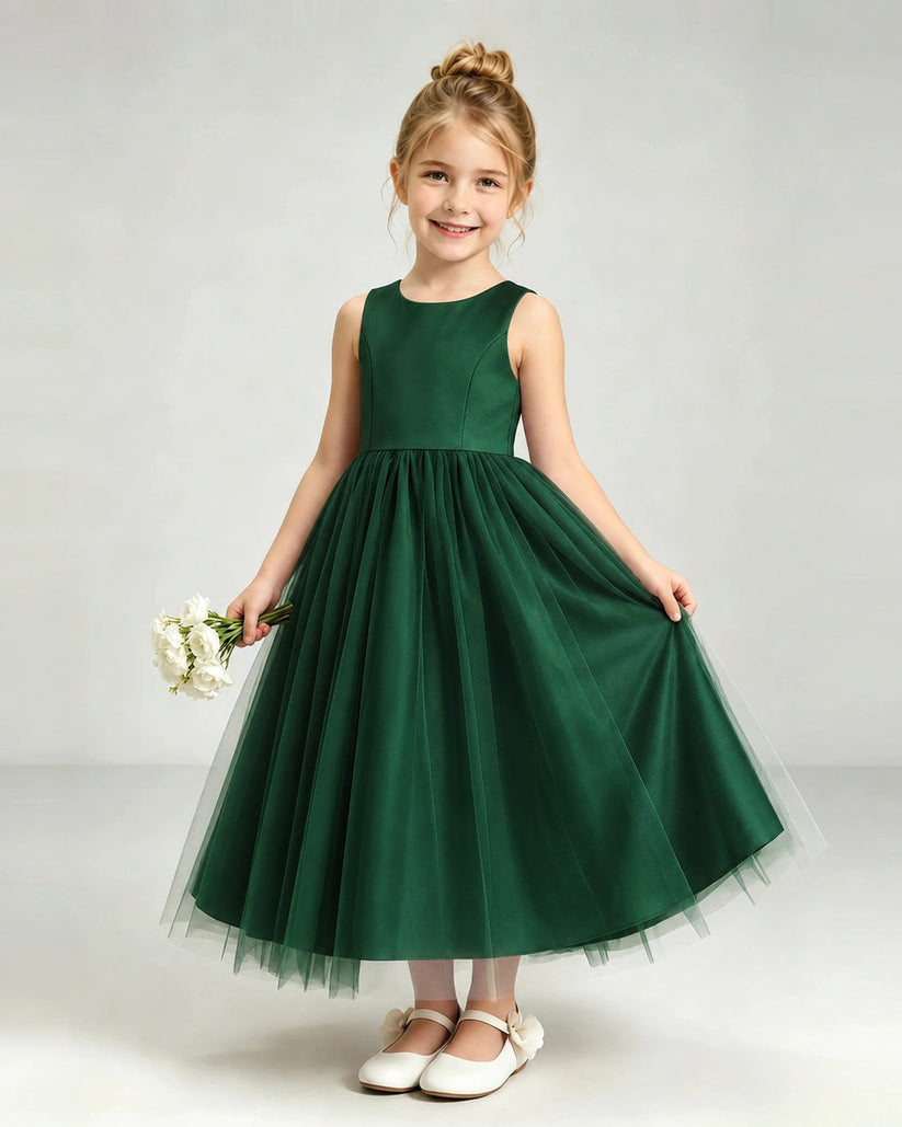 Dark Green Tulle Flower Girl Dress Front View