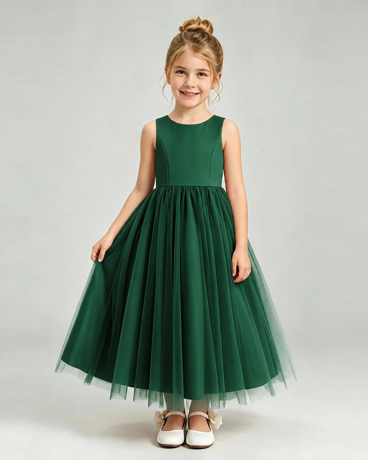 Dark Green Tulle Flower Girl Dress Front View