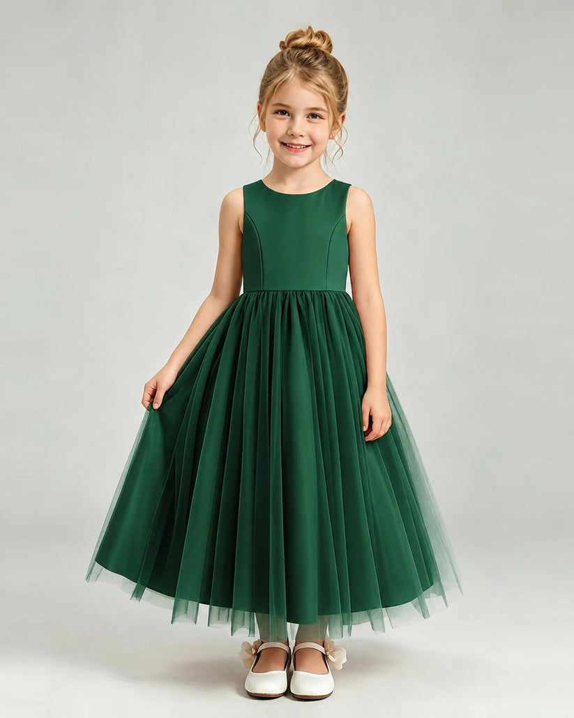 Dark Green Tulle Flower Girl Dress Front View