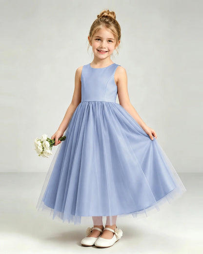 Dusty Blue Tulle Flower Girl Dress Front View