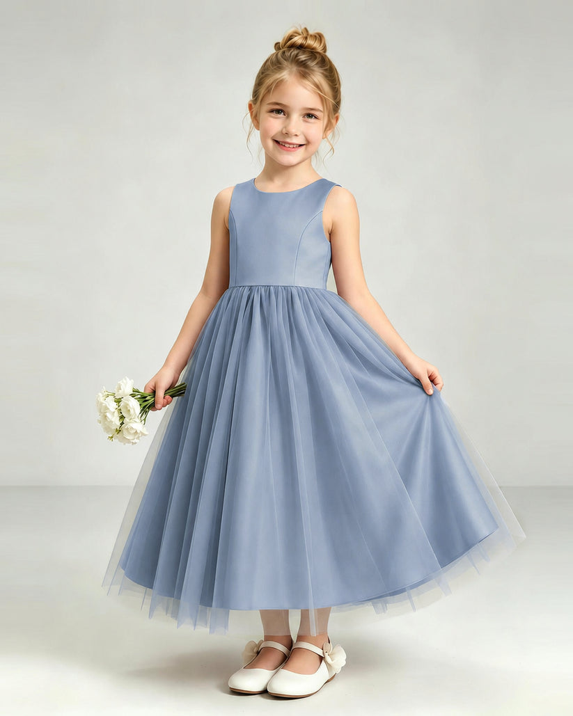 Dusty Blue Tulle Flower Girl Dress Front View