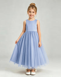 Dusty Blue Tulle Flower Girl Dress Front View