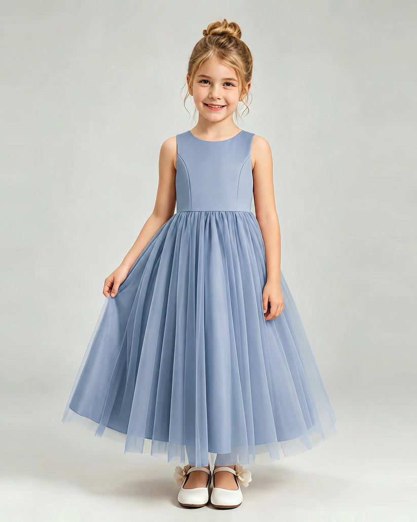 Dusty Blue Tulle Flower Girl Dress Front View