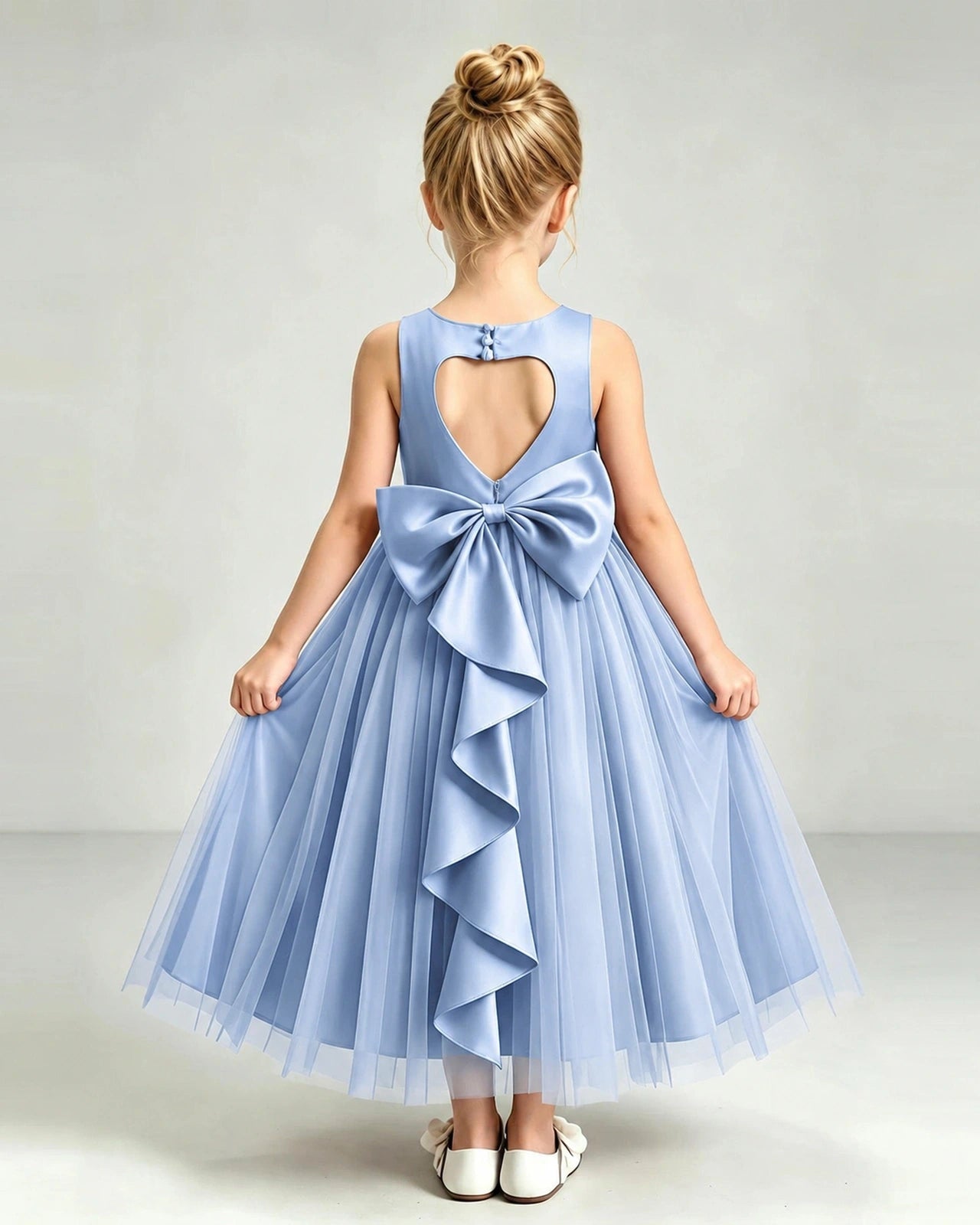 Dusty Blue Tulle Flower Girl Dress Back View