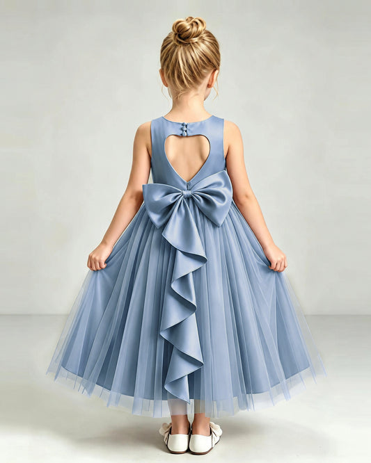 Dusty Blue Tulle Flower Girl Dress Back View