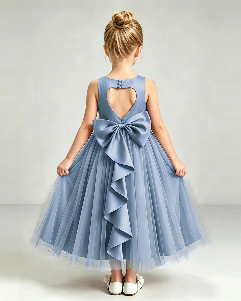 Dusty Blue Tulle Flower Girl Dress Back View