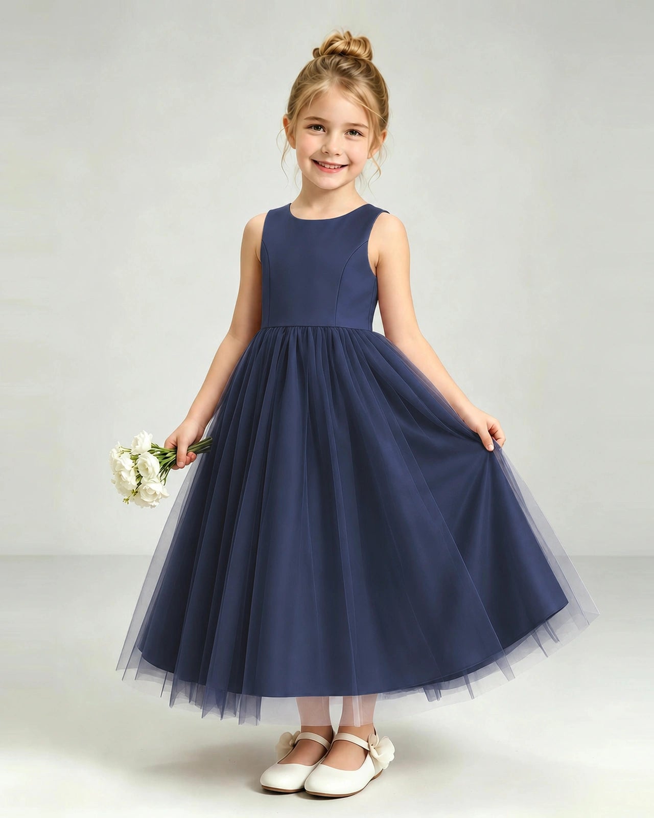 Navy Blue Tulle Flower Girl Dress Front View