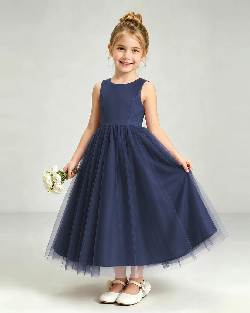 Navy Blue Tulle Flower Girl Dress Front View
