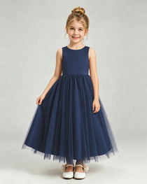 Navy Blue Tulle Flower Girl Dress Front View