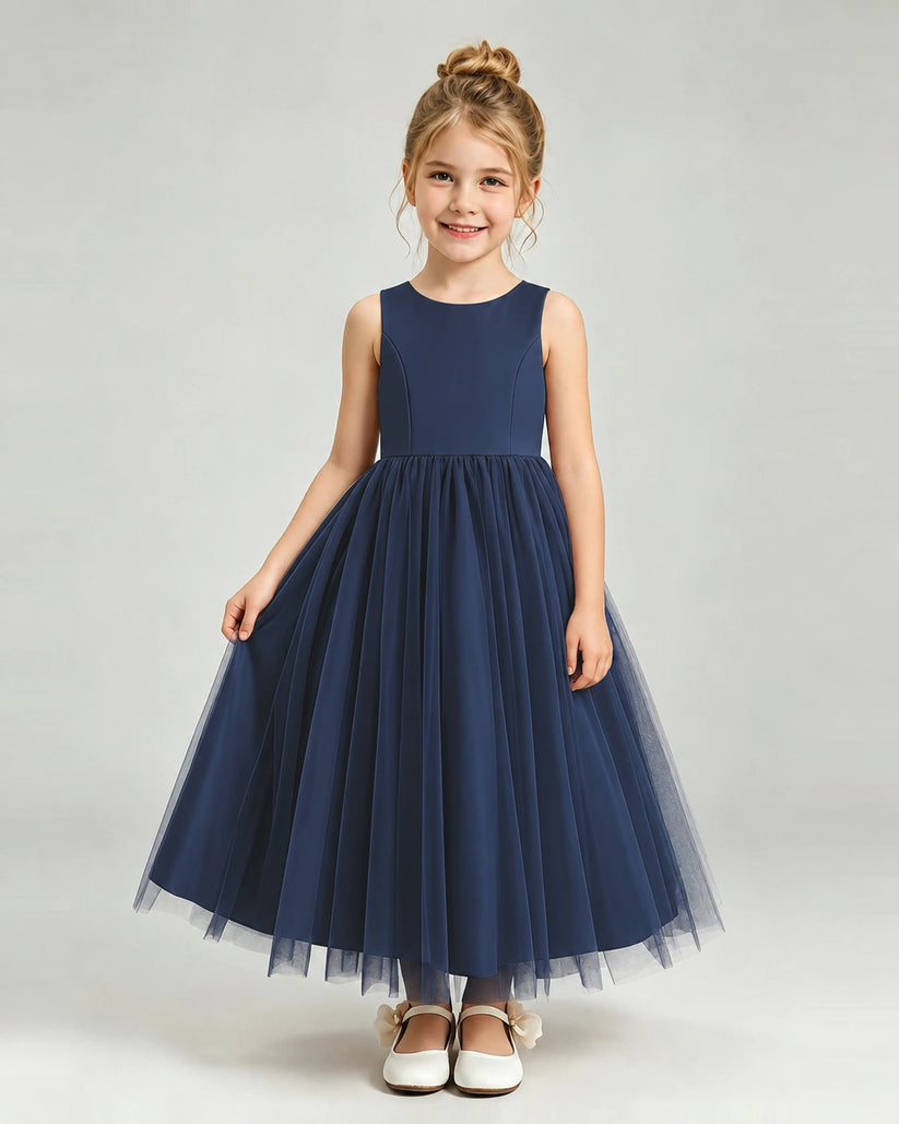 Navy Blue Tulle Flower Girl Dress Front View