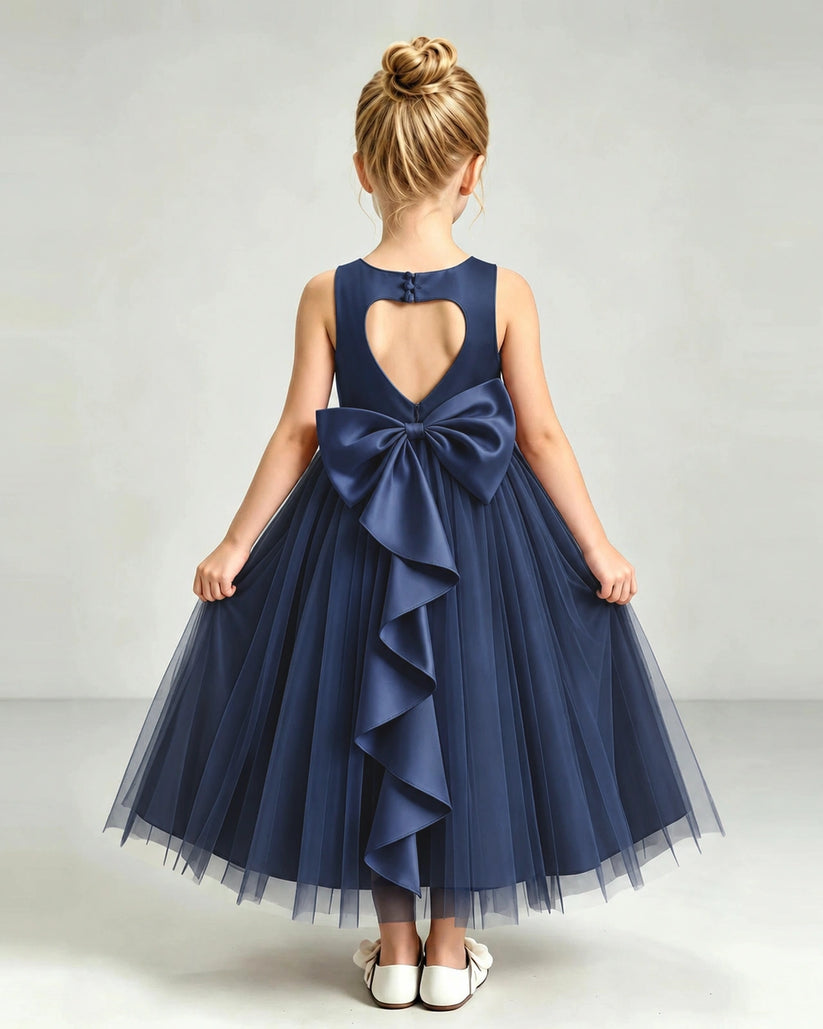 Navy Blue Tulle Flower Girl Dress Back View