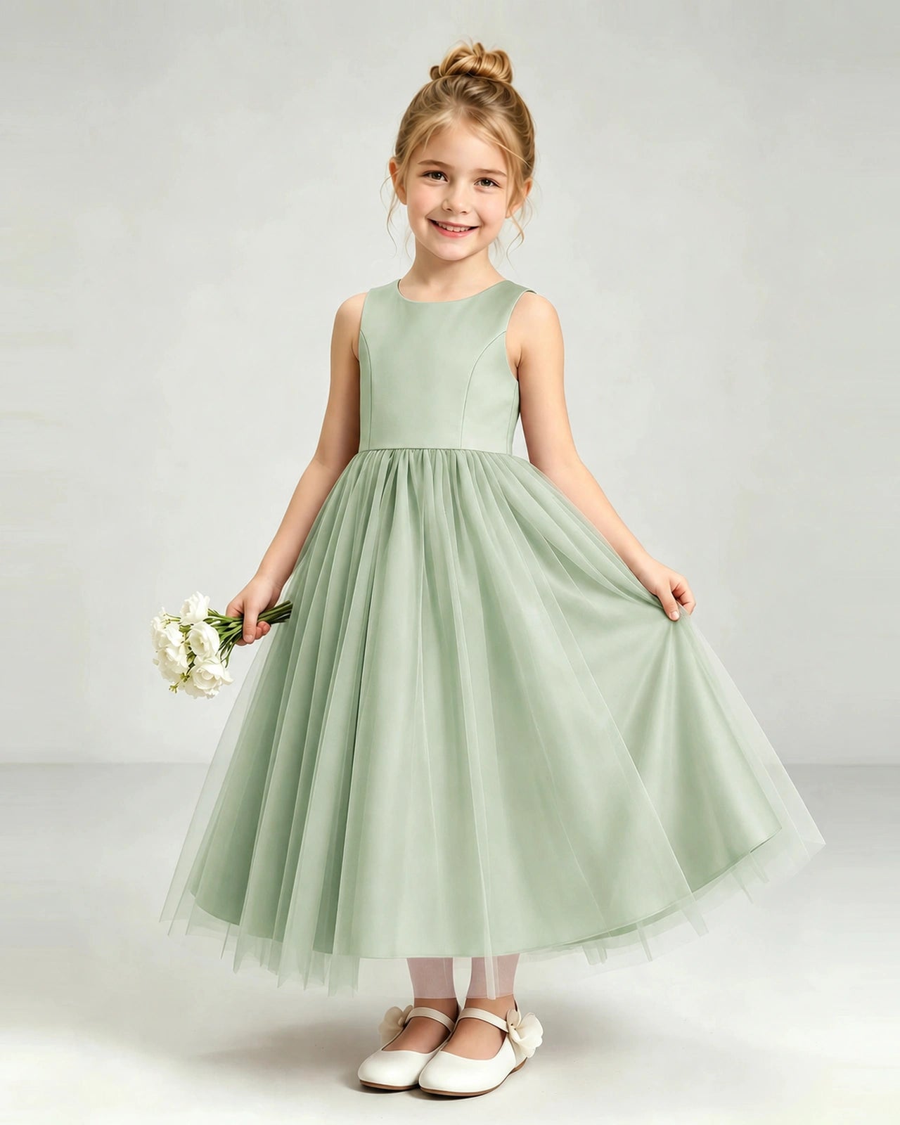 Sage Green Tulle Flower Girl Dress Front View
