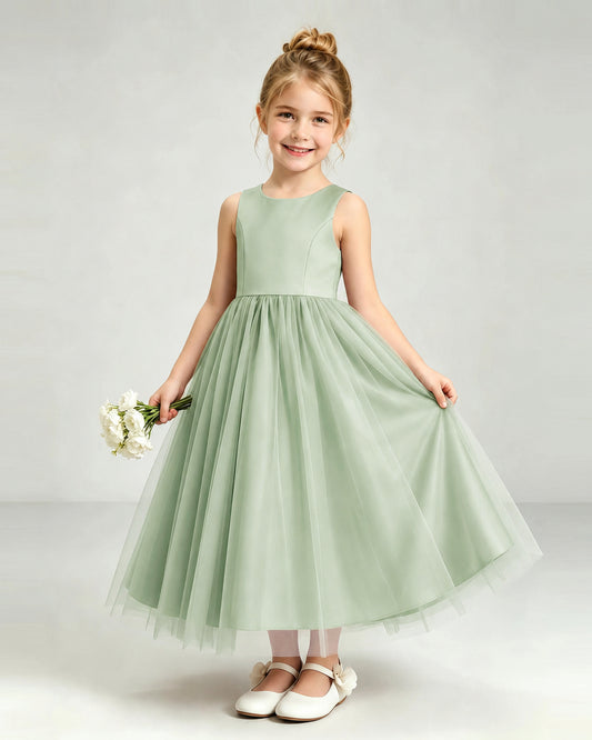 Sage Green Tulle Flower Girl Dress Front View
