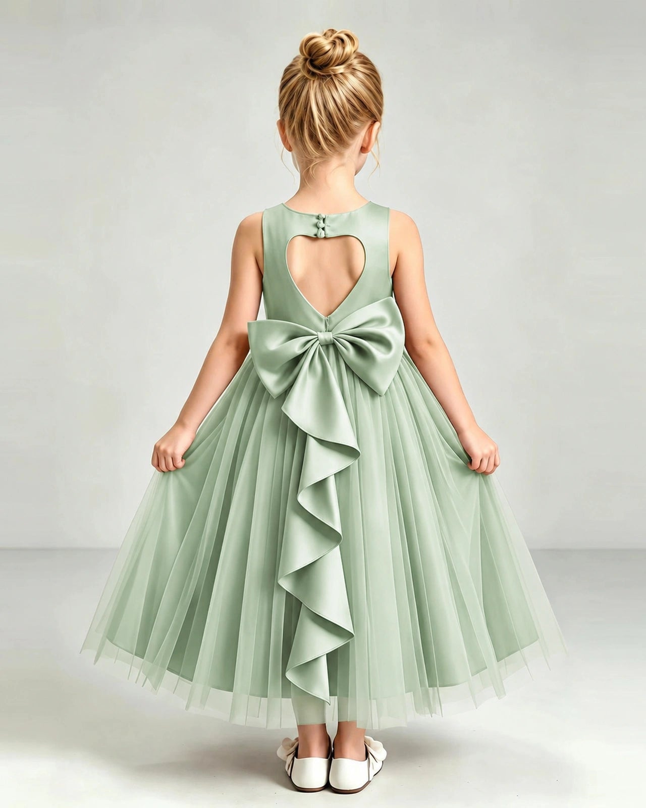 Sage Green Tulle Flower Girl Dress Back View
