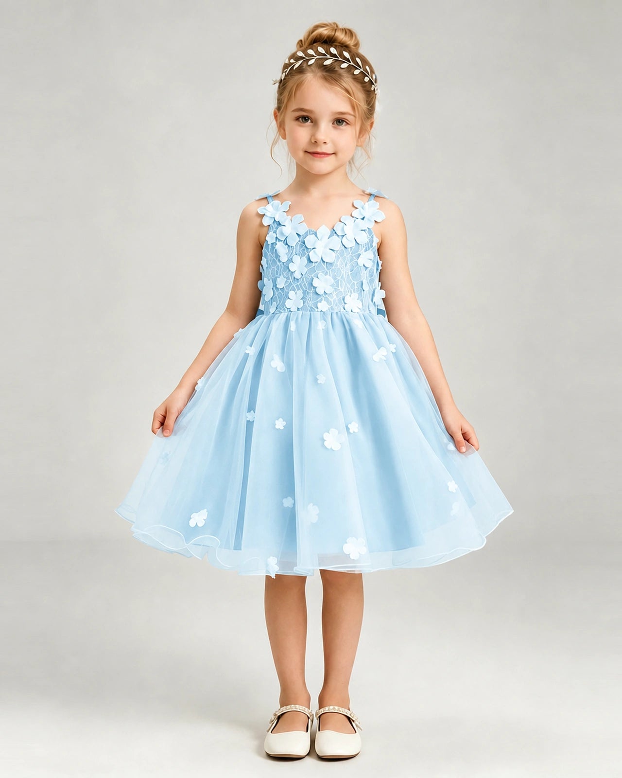 Baby Blue Flower Girl Dress 3D Floral Applique Spaghetti Strap Knee-Length A-Line Gown Front Full View