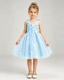 Baby Blue Flower Girl Dress 3D Floral Applique Spaghetti Strap Knee-Length A-Line Gown Front Full View