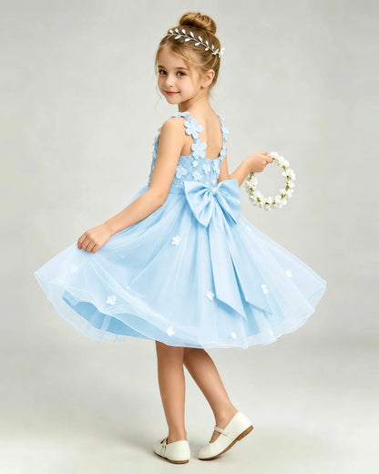 Baby Blue Flower Girl Dress 3D Floral Applique Spaghetti Strap Knee-Length A-Line Gown Side View