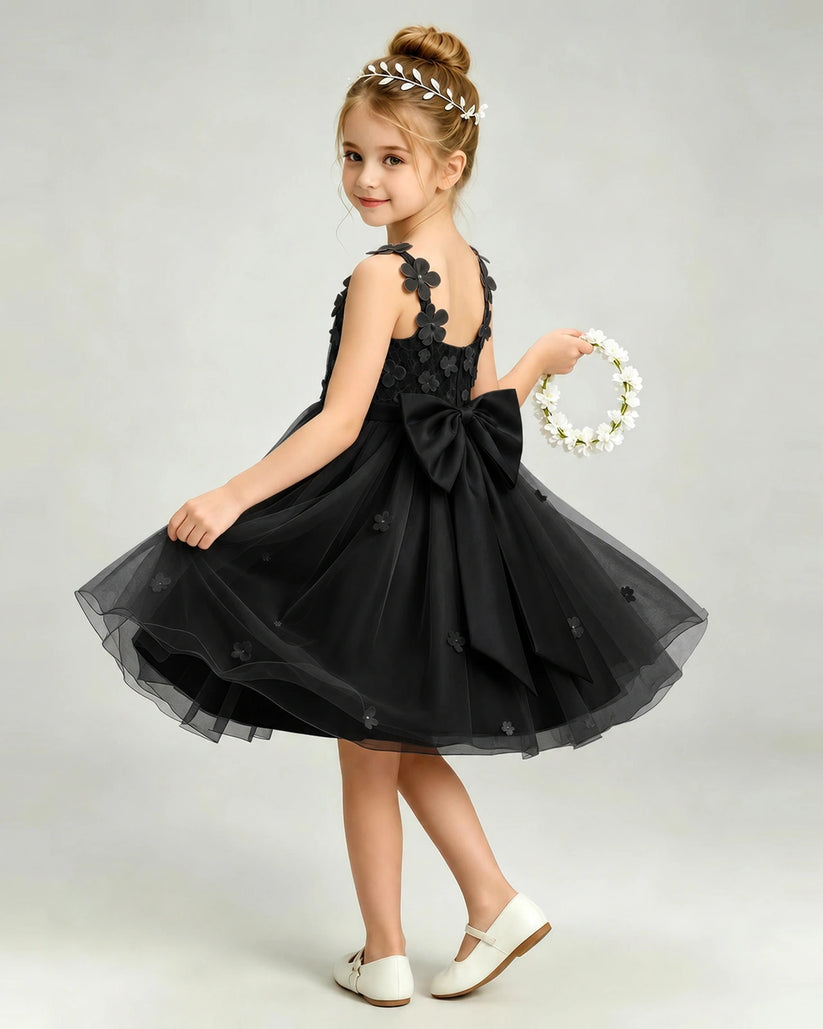 Black Tulle A-line Girls Formal Dress Back View
