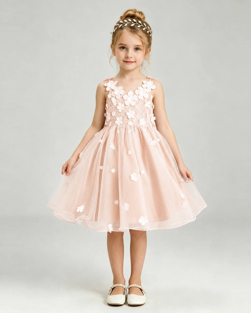 Blush Pink Tulle A-line Girls Formal Dress Front View