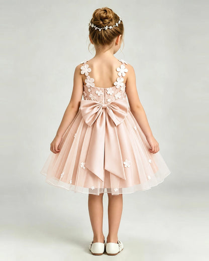 Blush Pink Flower Girl Dress 3D Floral Applique Spaghetti Strap Knee-Length A-Line Gown Back View