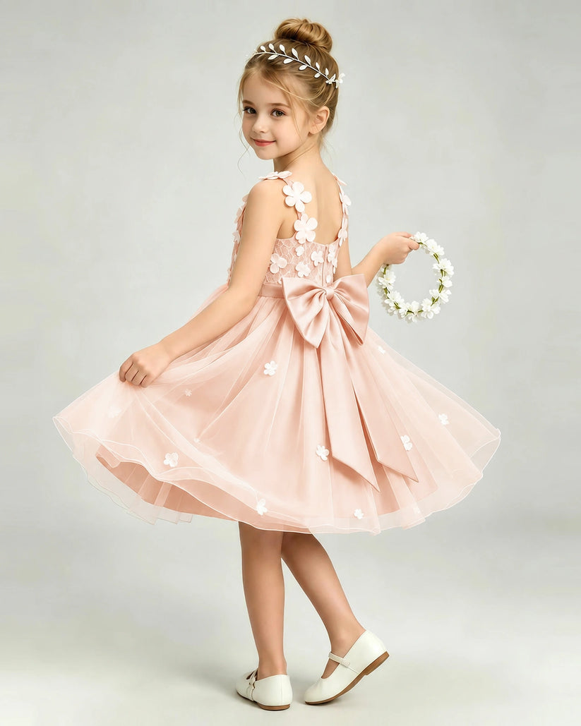 Blush Pink Tulle A-line Girls Formal Dress Back View