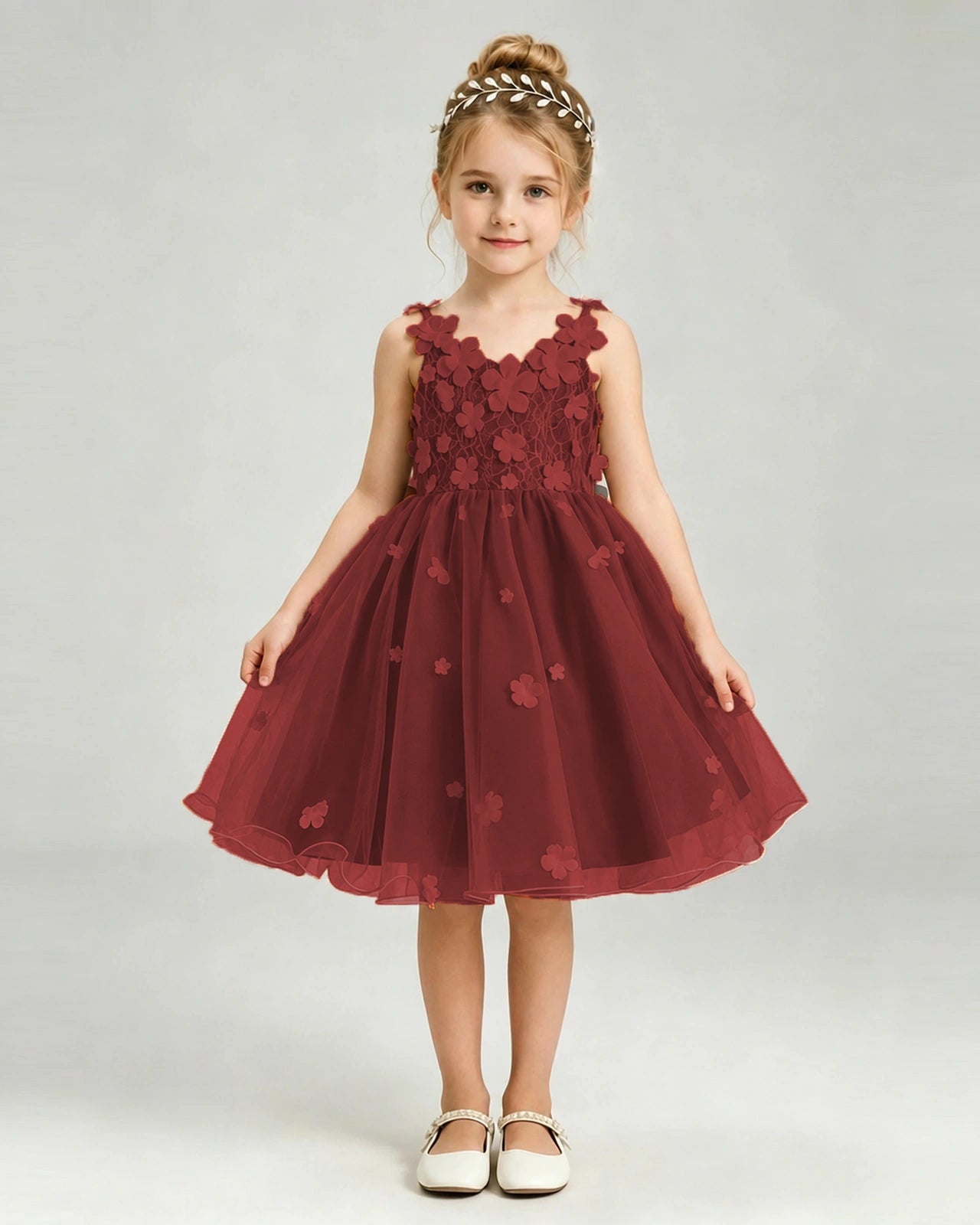 Burgundy Flower Girl Dress 3D Floral Applique Spaghetti Strap Knee-Length A-Line Gown Front View