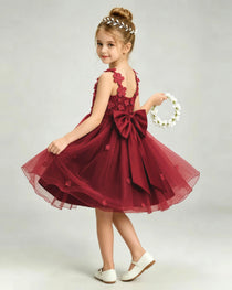 Burgundy Flower Girl Dress 3D Floral Applique Spaghetti Strap Knee-Length A-Line Gown Side View