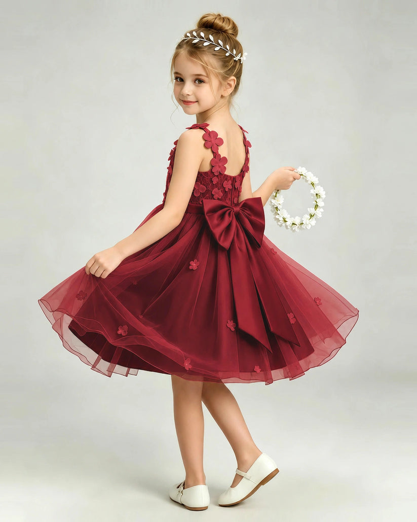 Burgundy Tulle A-line Girls Formal Dress Back View