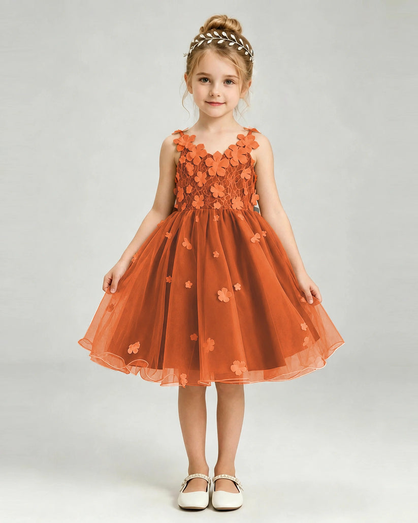 Burnt Orange Tulle A-line Girls Formal Dress Front View