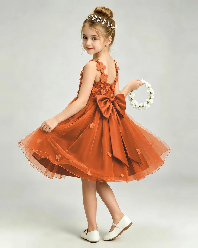 Burnt Orange Tulle A-line Girls Formal Dress Back View