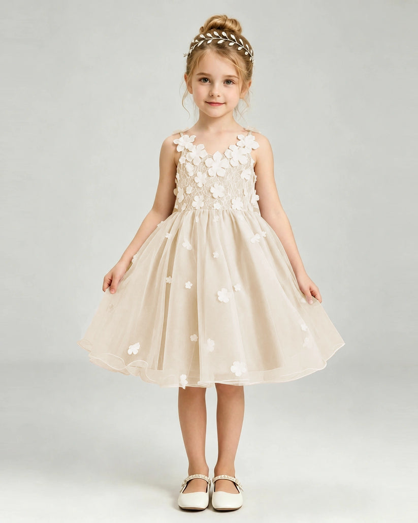Champagne Tulle A-line Girls Formal Dress Front View